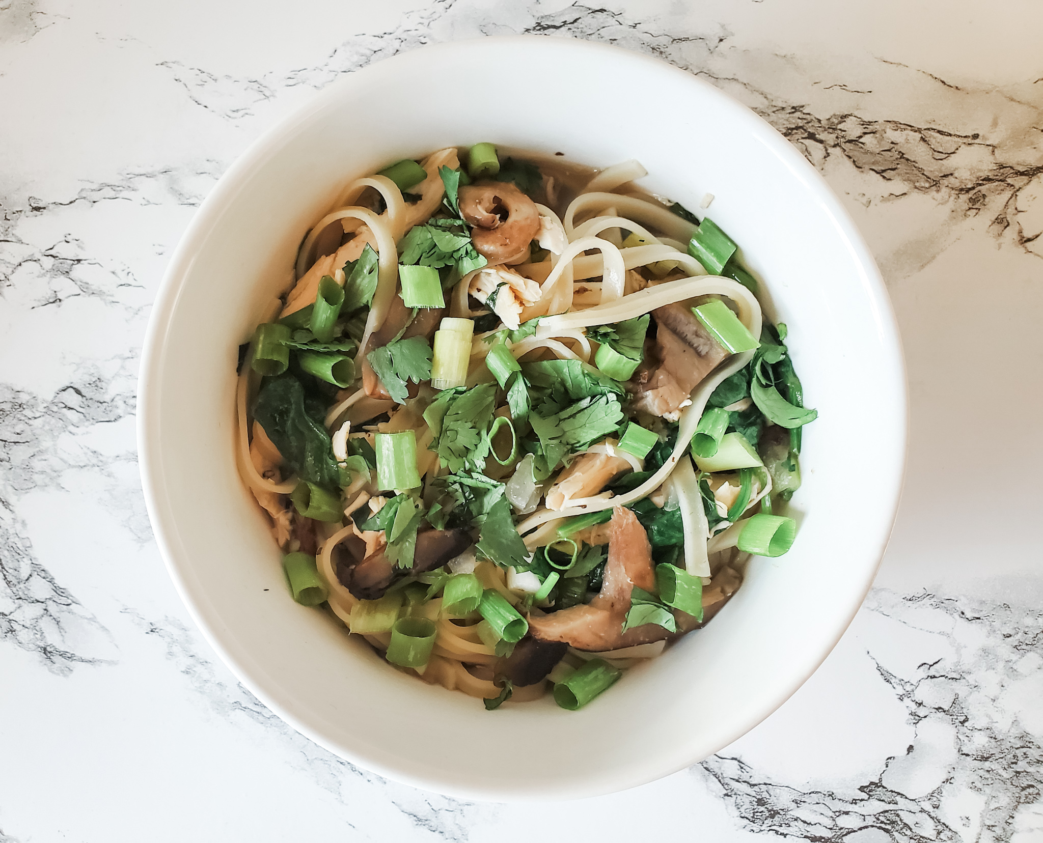 Chicken and Brown Rice Noodle Soup with Spinach and Mushrooms